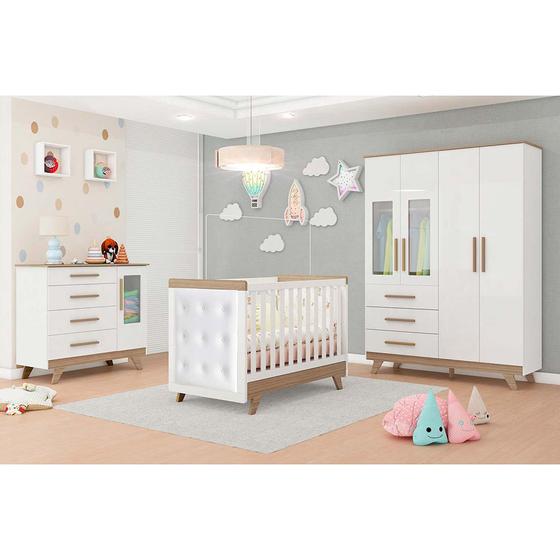 Imagem de Quarto Infantil Retrô Berço Cama, Cômoda 4 gavetas e Roupeiro 4 Portas com janela Branco/Carvalho