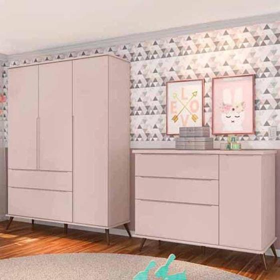 Imagem de Quarto Infantil Retro com Guarda Roupa 3 Portas e Comoda 1 Porta e 3 Gavetas Rose - Phoenix Baby