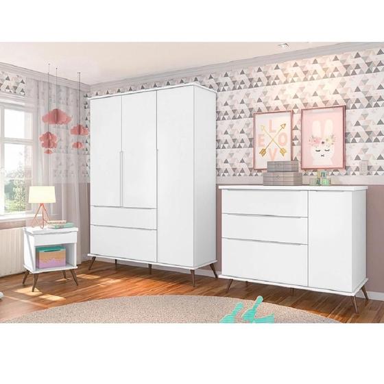 Imagem de Quarto Infantil Retrô com Guarda Roupe 3 Portas, Cômoda 1 Porta e Mesa de Apoio Branco - Phoenix Baby