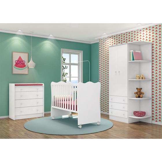 Imagem de Quarto Infantil Ternura Berço c/ Rodízio e Cômoda c/ suporte p/ Trocador Branco - Bela Móveis