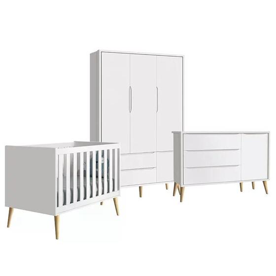 Imagem de Quarto Infantil Theo 3 portas Branco Fosco com Pés Madeira Natural - Reller Móveis