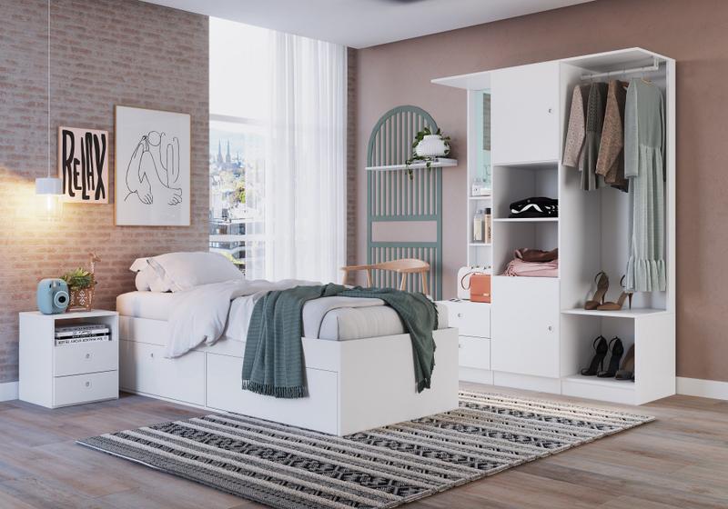 Imagem de Quarto Juvenil Com Cama, Guarda-Roupas e Mesa De Cabeceira 80 Tókio Branco Art In Móveis