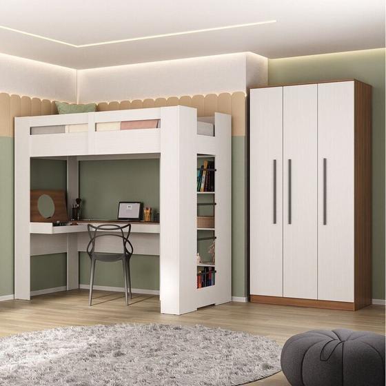 Quarto Juvenil Completo com Beliche e Sapateira Seul Espresso Móveis Branco/Nogal Menor preço em Quarto Juvenil Completo com Beliche e Sapateira Seul Espresso Móveis Branco/Nogal