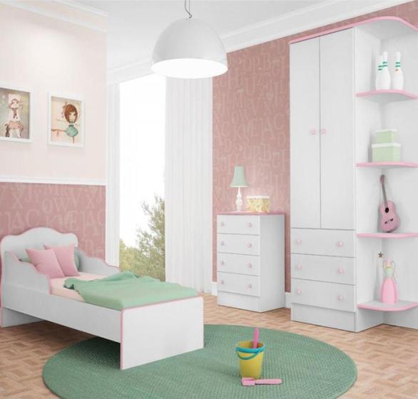 Quarto Juvenil Completo Doce Sonho com Mini Cama Branco/Rosa - Qmovi Menor preço em Quarto Juvenil Completo Doce Sonho com Mini Cama Branco/Rosa - Qmovi