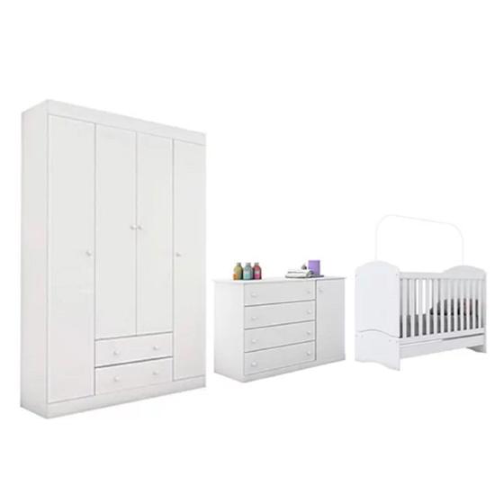 Imagem de Quarto MDF Branco Flat Mel Guarda Roupa Roupeiro + Cômoda + Berço Mini Cama