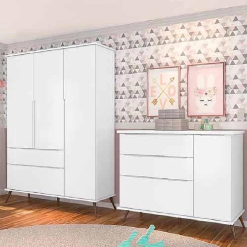 Imagem de Quarto Melinda com Guarda Roupa 3 Portas, Cômoda 1 Porta Branco - Phoenix Baby