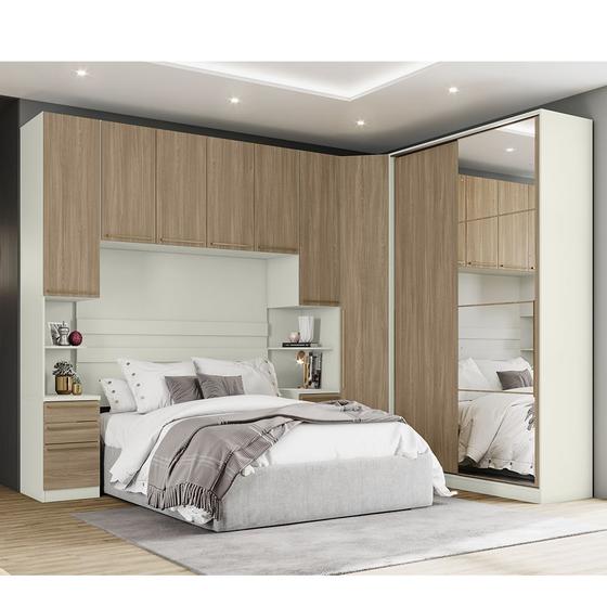 Imagem de Quarto Modulado Canadá Casal 5 Peças Roupeiro 2 Portas Deslizantes c/ Espelho + Roupeiro Canto Areia/ Jequitibá - Henn