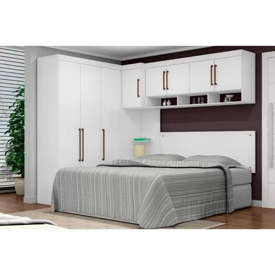 Imagem de Quarto Modulado Casal Modena III 5 Peças (1 Armário Aéreo + 2 Guarda Roupas + 2 Complementos) QCM56 Branco - Demóbile