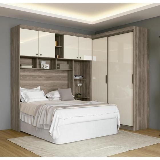 Quarto Modulado Casal Paris com 2 Portas de Correr - Castanho/Off White Menor preço em Quarto Modulado Casal Paris com 2 Portas de Correr - Castanho/Off White