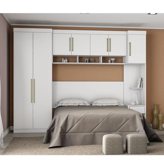 Quarto Modulado de Casal Branco Módena c/ Roupeiro + Cabeceira Menor preço em Quarto Modulado de Casal Branco Módena c/ Roupeiro + Cabeceira