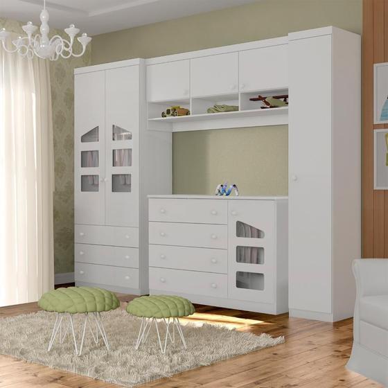 Imagem de Quarto Modulado Eloisa Guarda Roupa 2 Portas, Modulo Aéreo, Roupeiro 1 Porta e Cômoda 1 Porta Branco