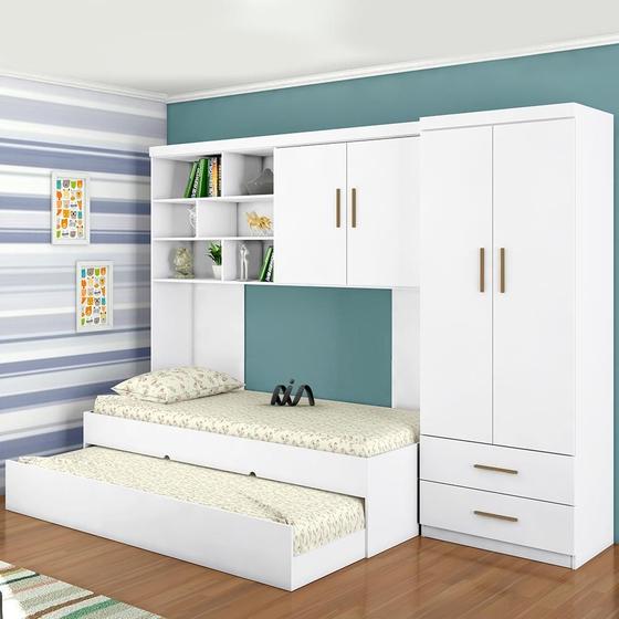 Imagem de Quarto Modulado Helen com Roupeiro 2 Portas, Módulo Aéreo, Cama e Auxiliar Branco - Phoenix Baby