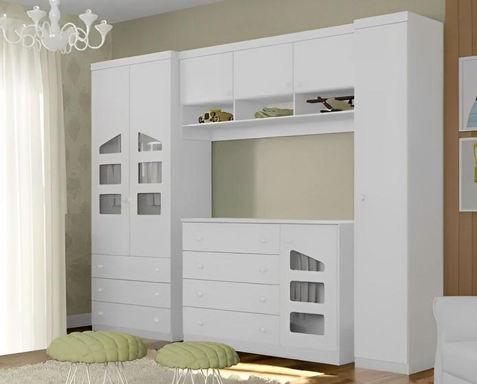 Imagem de Quarto Modulado Infantil Eloísa Completo  Com Armário Aéreo, Roupeiro e Cômoda 100% MDF Phoenix Baby