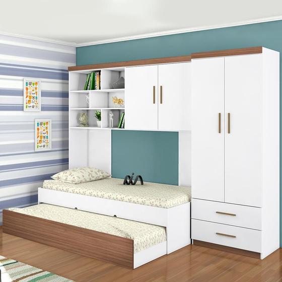 Imagem de Quarto modulado Infanto Juvenil Chiara 4 Peças Branco c/ Amadeirado Phoenix Baby