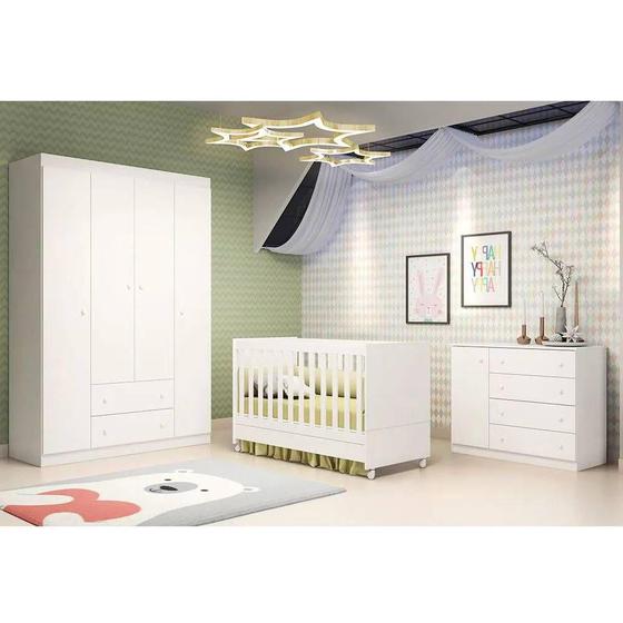 Imagem de Quarto para Bebê com Guarda Roupa 4 Portas Cômoda Berço Americano