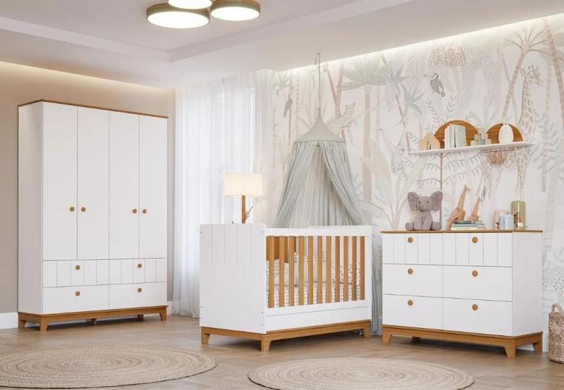 Imagem de Quarto Para Bebê Completo Guarda Roupa, Cômoda E Berço 100% Mdf Biscoito Permobili