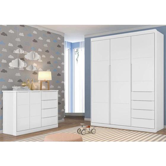 Imagem de Quarto para Bebê Perola com Guarda Roupa 3 Porta E 4 Gavetas 100% MDF e corrediças telescópicas 