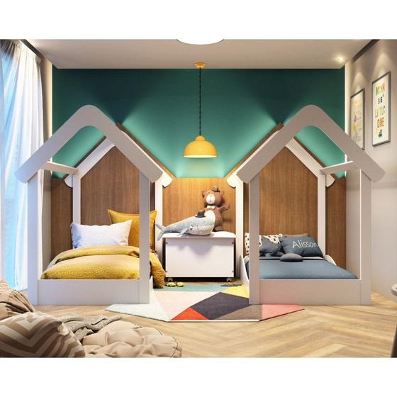 Imagem de Quarto para irmãos MDF com 2 Minicamas estilo casinha, Baú Móveis Peroba Branco 