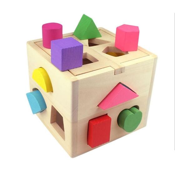 Imagem de Quebra-cabeça de brinquedo Wooden Cube em forma de 13 buracos Matching Blocks Baby