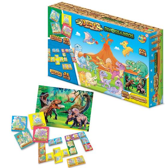 Imagem de Quebra Cabeça Infantil + Jogo Da Memoria + Domino Jogo 3 X 1 Dinossauros