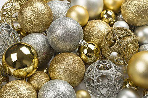 Imagem de R N' D Brinquedos 100 Bolas de Enfeite de Natal de Ouro e Prata Shatterprofisse +100 Ganchos de Ornamento de Metal, Ornamentos Pendurados para Árvore de Natal Interior/Exterior, Festa de Natal, Decoração de Casa