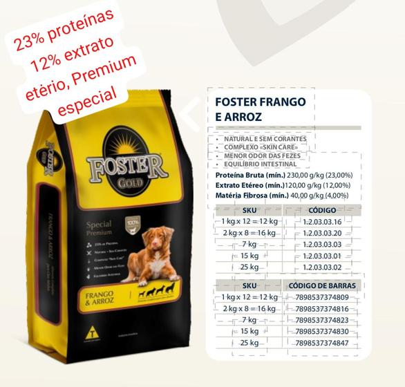 Imagem de Ração Foster gold Frango e Arroz 15kg 23 proteinas Cães Adultos higt premium 12 extrato eteri