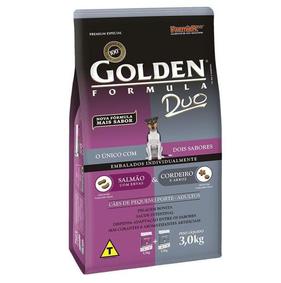Ração Golden Duo Mini Bits Cães Adultos de Peq. PorSabor Salmão e Cordeiro com Arroz - 3kg - Premier Menor preço em Ração Golden Duo Mini Bits Cães Adultos de Peq. PorSabor Salmão e Cordeiro com Arroz - 3kg - Premier