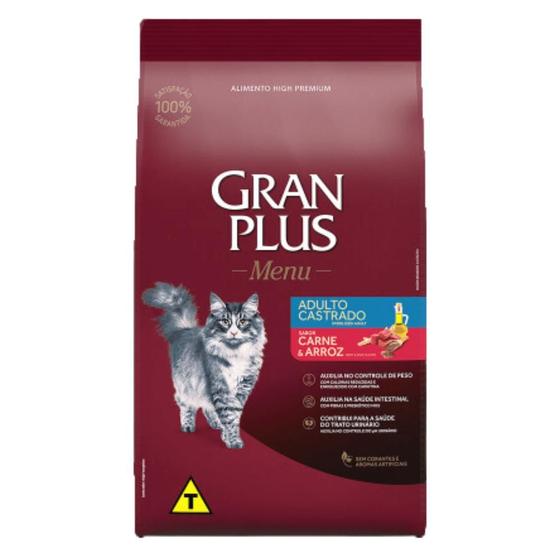 Imagem de Ração GranPlus Menu para Gatos Adultos Castrados Sabor Carne e Arroz 10,1kg