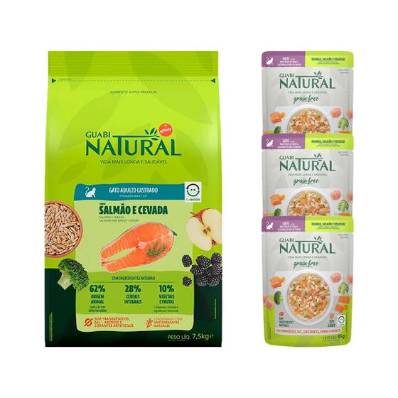 Ração Guabi Natural Gatos Adultos Castrados Salmão e Cevada 7,5 kg + Sachês Menor preço em Ração Guabi Natural Gatos Adultos Castrados Salmão e Cevada 7,5 kg + Sachês