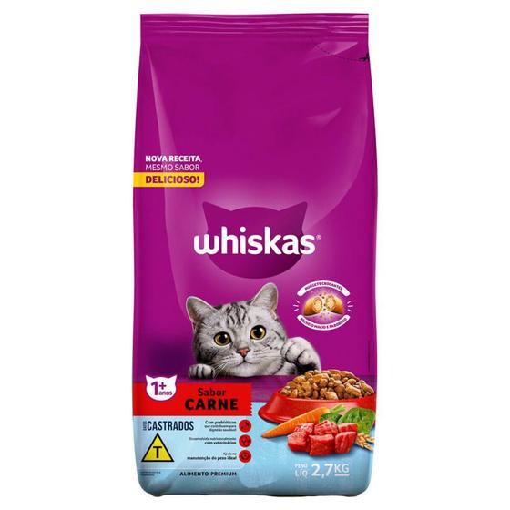 Imagem de Ração para Gatos Whiskas Castrados Adultos 1+ Sabor Carne 2,7kg