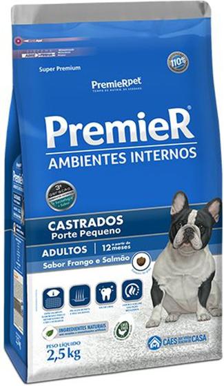 Imagem de Ração Premier Ambientes Internos para Cães Adultos Castrados Porte Pequeno  Frango e Salmão 12kg