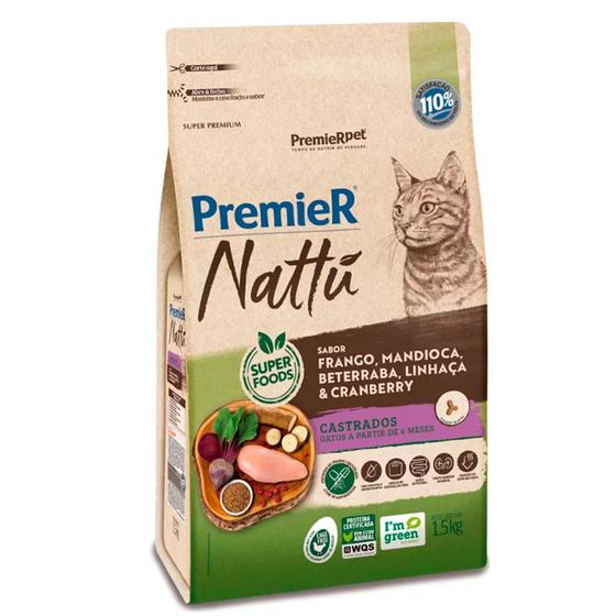 Imagem de Ração Premier Nattu para Gatos Adultos Castrados Sabor Mandioca 1,5kg