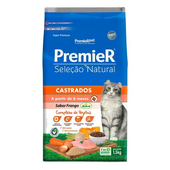 Imagem de Ração Premier Seleção Natural Gatos Castrados sabor Frango 1,5 Kg