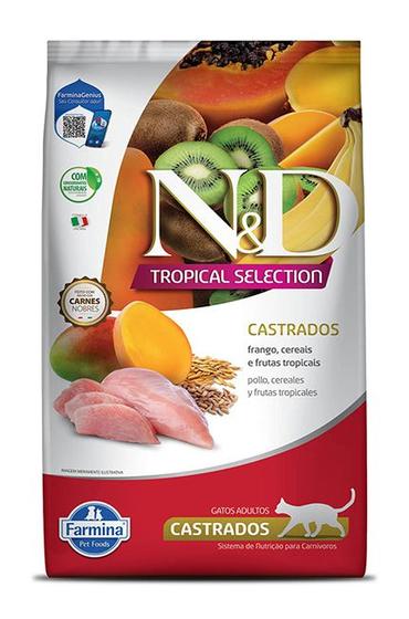 Imagem de Ração Seca ND Tropical Selection Frango, Cereais e Frutas Tropicais para Gatos Adultos Castrados - 1,5Kg