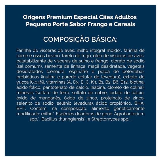 Imagem de Ração Seca Origens Premium Especial Frango e Cereais Cães Adultos Raças Minis e Pequenas - 10,1 Kg