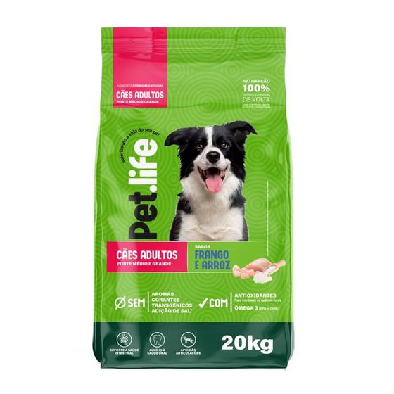 Imagem de Ração Seca Pet.life Frango e Arroz para Cães Adultos Porte Médio e Grande - 20 Kg