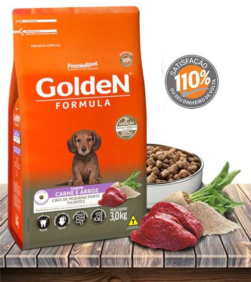 Imagem de Ração Seca PremieRPet Golden Fórmula Mini Bits Carne e Arroz para Cães Filhotes de Raças Pequenas - 3Kg