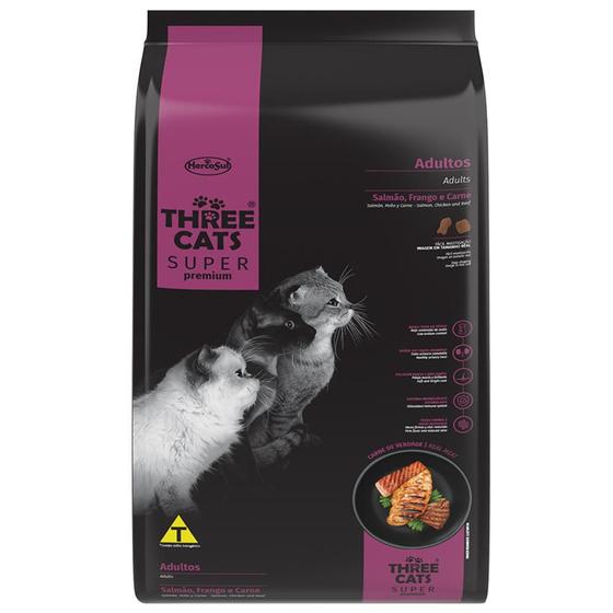 Imagem de Ração Seca Three Cats Super Premium Salmão, Frango e Carne para Gatos Adultos - 3 Kg