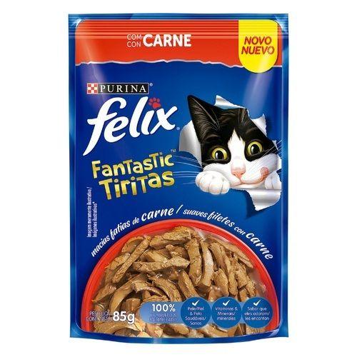 Imagem de Ração Úmida Felix Fantastic Sachê Tiritas para Gatos Adultos sabor Carne 85g