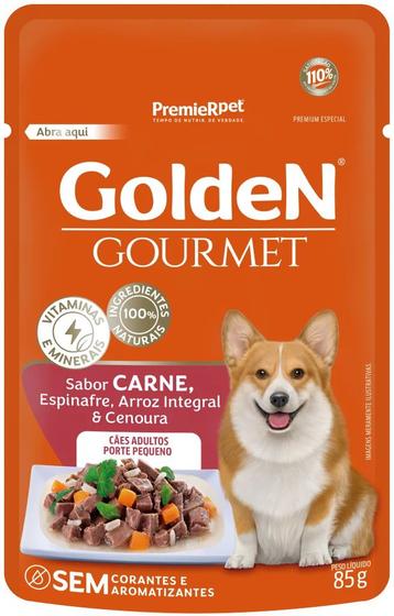 Imagem de Ração Úmida Golden Gourmet para Cães Adultos de Porte Pequeno Sabor Carne, Espinafre, Arroz Integral e Cenoura 85g
