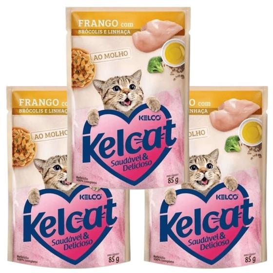 Imagem de Ração Úmida Kelcat Sachê Frango, Brócolis e Linhaça 85g 3 UN