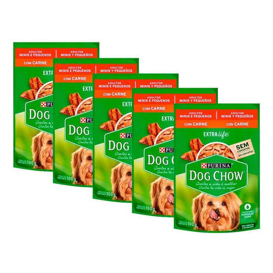 Imagem de Ração Úmida para Cachorro Dog Chow Adultos Minis e Pequenas Extra Life Carne 100g  Kit com cinco unidades