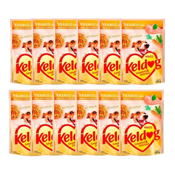 Imagem de Ração Úmida para Cachorro Keldog Sabor Frango com Ervilha e Cenoura em Sachê 100g  Kit com doze unidades