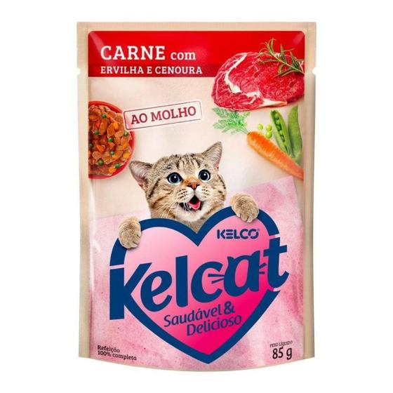 Imagem de Ração Úmida para Gato Kelcat Carne Ervilha e Cenoura 85g Caixa com 20 unidades