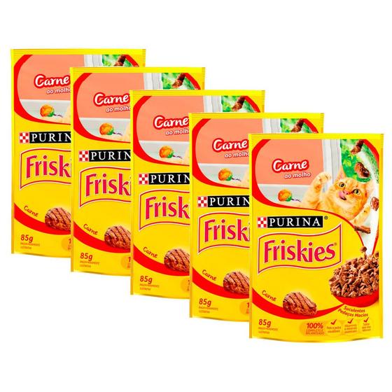 Imagem de Ração Úmida para Gatos Friskies Adultos Sabor Carne ao Molho em Sachê 85g  Kit com cinco unidades