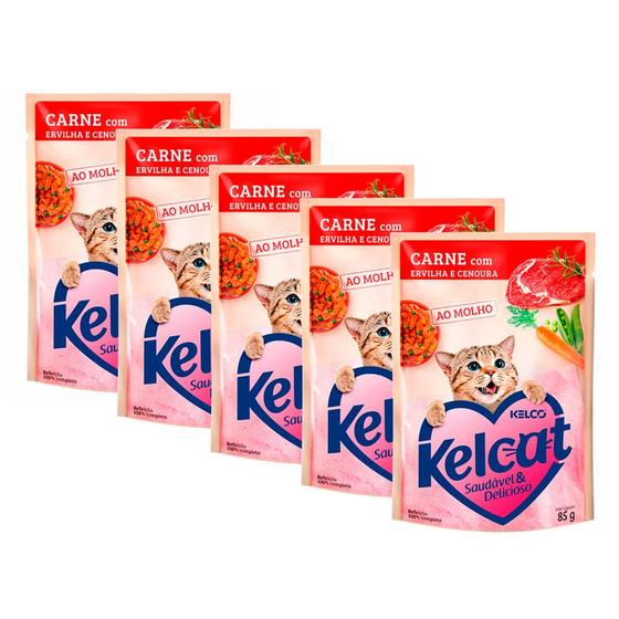 Imagem de Ração Úmida para Gatos Kelcat Sabor Carne com Ervilha e Cenoura Sachê 85g  Kit com cinco unidades