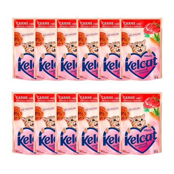 Imagem de Ração Úmida para Gatos Kelcat Sabor Carne com Ervilha e Cenoura Sachê 85g  Kit com doze unidades