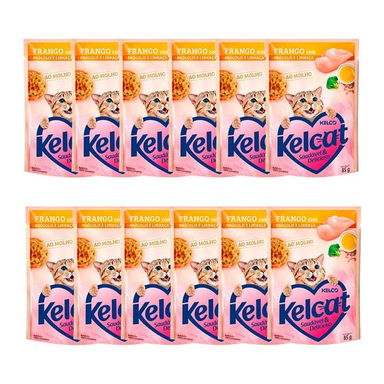 Imagem de Ração Úmida para Gatos Kelcat Sabor Frango com Brócolis e Linhaça em Sachê 85g  Kit com doze unidades