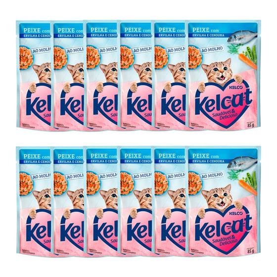 Imagem de Ração Úmida para Gatos Kelcat Sabor Peixe com Ervilha e Cenoura em Sachê 85g  Kit com doze unidades