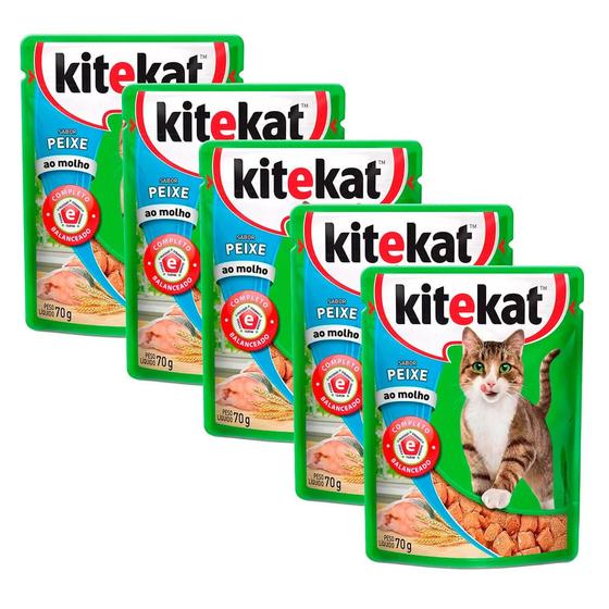 Imagem de Ração Úmida para Gatos KiteKat Adulto Sabor Peixe ao Molho em Sachê 70g  Kit com cinco unidades